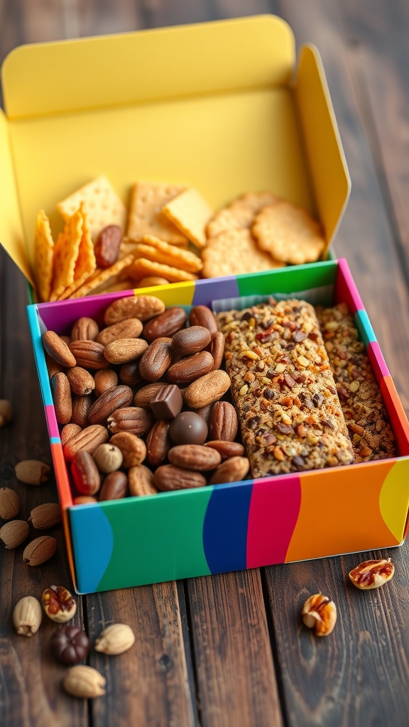 A snack box with crispy crackers, chocolate-covered nuts, and fruity granola bars on a wooden table.